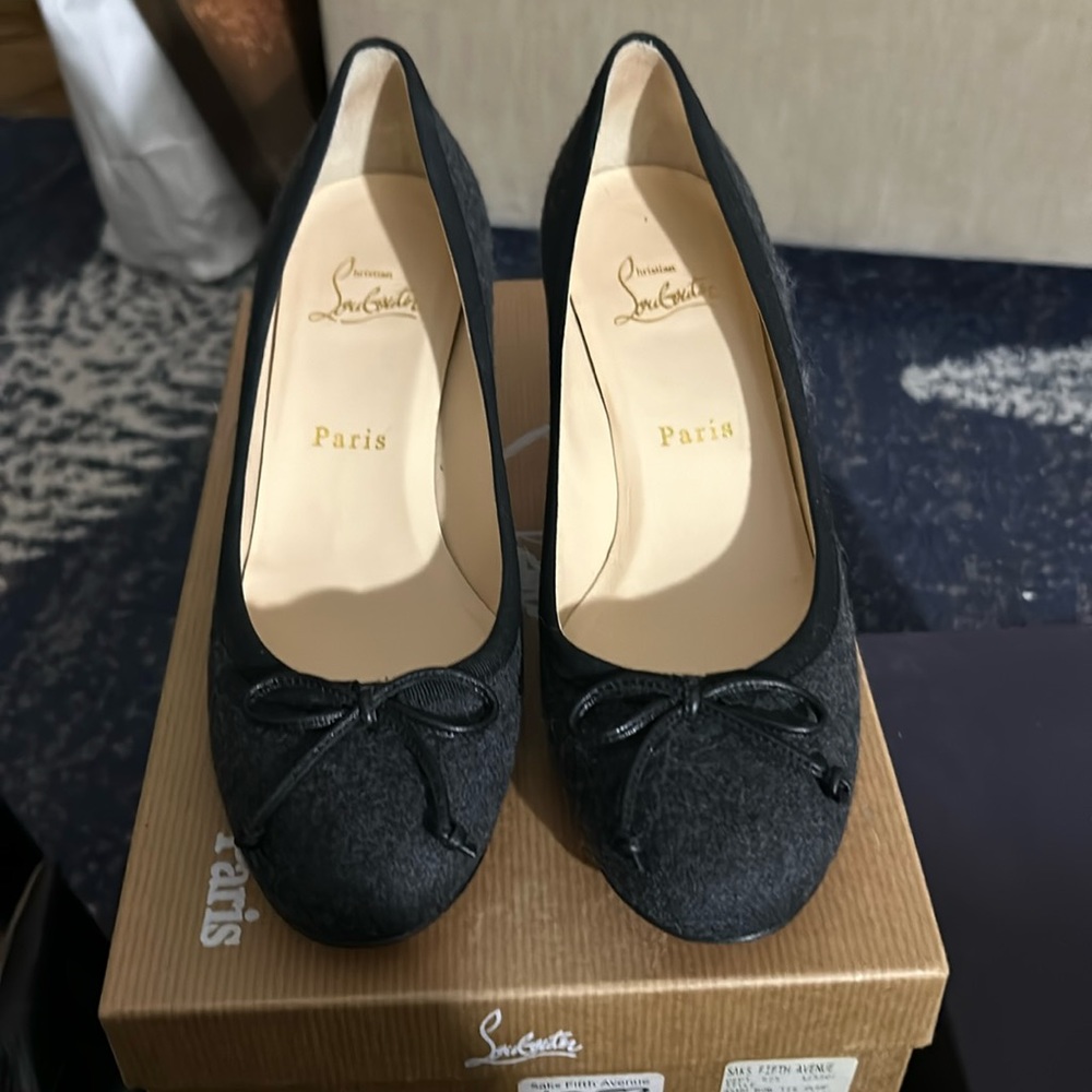 Christian Louboutin Grey Flannel Heels- 2” heel, size 38 - 7.5 in US sizes.